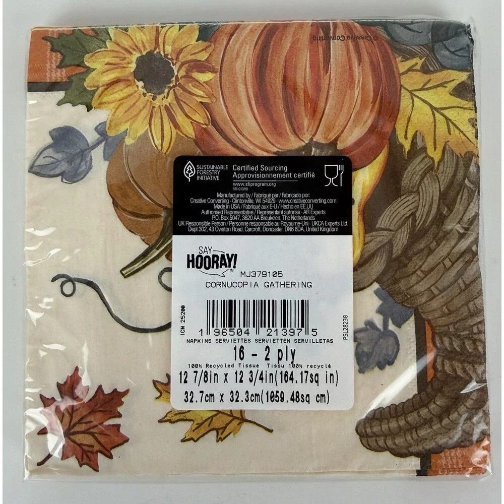 8 Packs Cornucopia Gathering Fall/Thanksgiving Paper Napkins, 16 per package